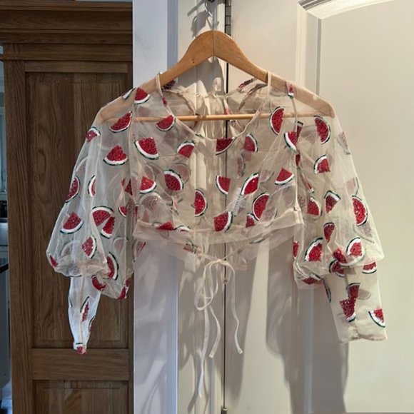 TOPSHOP women’s watermelon print sequins sheer top US 4 - Picture 3 of 9